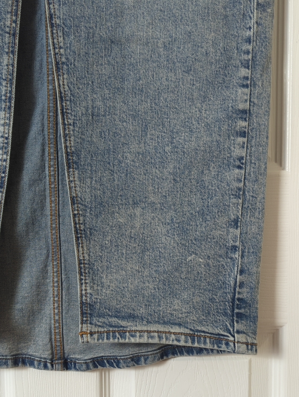 Wild Fable Classic Medium Wash Frayed Low Waisted Front Slit Denim Maxi Skirt 8 - Picture 8 of 11